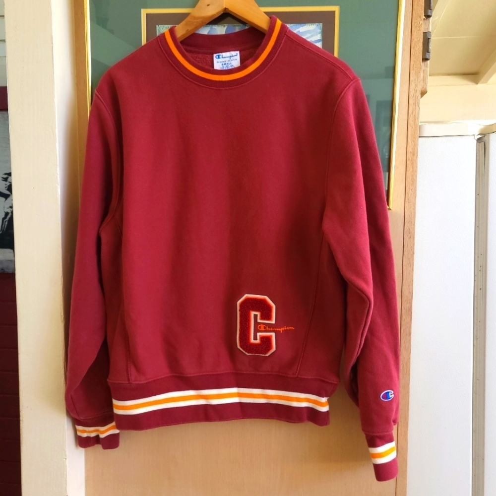 Champion Red Crewneck Sweater with Varsity Patch